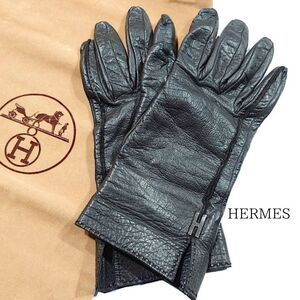 【鑑定済】HERMES エルメス Hロゴ グローブ 手袋 レディース size7 ラムスキン ダークグレー系 2WAY 送料無料