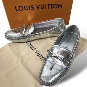 s211 LOUISVUITTON ルイヴィトン モノグラム レザー ローファー メタリック シルバー ドライビングシューズ モカシン 39 イタリア製 正規品