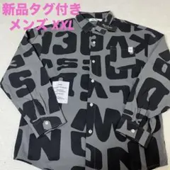 新品 メンズ 柄シャツ 長袖 シャツ 総柄 英語 ワンポイント グレー 黒 美品