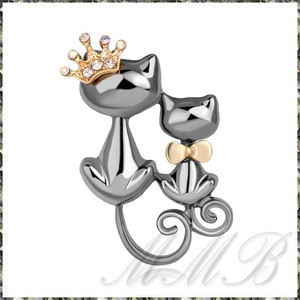 [BROOCH] Cat With Crown Queen クラウン リボン キャット 王冠 ネコ カップル 2匹の猫 4cm ブローチ