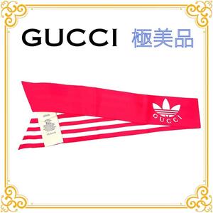 GUCCI adidas グッチ アディダス コラボ スカーフ レディース ピンク ホワイト リボン 美品 ボーダー ネックボゥ 白 限定 定番 人気 レア