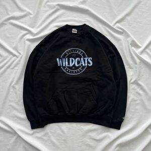 メンズ 古着 Badger スウェットシャツ トレーナー 黒 ブラック BLK プリント 前V プリント プルオーバー WILDCATS クルーネック 2XL 送料込