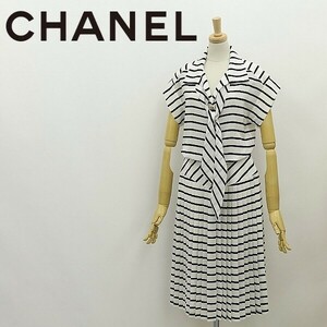 ヴィンテージ◆CHANEL シャネル ボーダー柄 リボンスカーフ付 ブラウジング プリーツ シルク ワンピース 白 ホワイト×ブラック