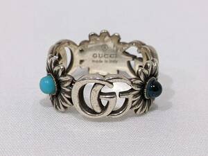 【12800】1円～ GUCCI グッチ リング GGマーモント フラワーモチーフ Ag925 SILVER 重量約3.8g 実寸サイズ約10号 青系 指輪 アクセサリー