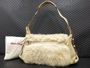 ◆Salvatore Ferragamo フェラガモ◆ガンチーニ◆スエード カーフ レザー 本革 ファー◆ワン ショルダー バッグ◆ベージュ SV金具◆A8898