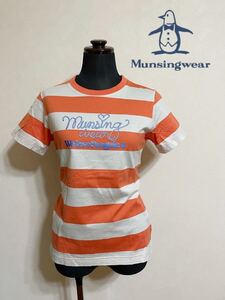 【美品】 Munsingwear マンシングウェア ゴルフ レディース ボーダー Tシャツ トップス サイズM 半袖 デサント 橙 ベージュ SL3801