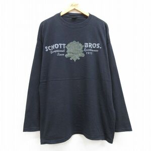 XL/古着 Schott ショット 長袖 ビンテージ Tシャツ メンズ 00s エンブレム フロッキープリント 大きいサイズ コットン クルーネック 紺 2OF
