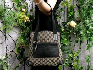 超美品●GUCCI グッチ●ロゴ型押し●GGキャンバス カーフ レザー 本革●トート ハンド バッグ●黒 ベージュ●イタリア製●肩掛け●Js47548