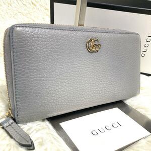 ギャラ付き/付属品完備/美品●GUCCI グッチ メンズ レディース 長財布 ラウンドファスナー ジッピー マーモント金具 グレー レザー 本革