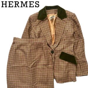 【送料無料】HERMES エルメス　セットアップ　スーツ　テーラードジャケット　スカート チェック　L ロゴ　レディース　40 L