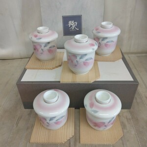 美品【 翠泉 】万葉花 むし碗揃 蓋付き 木台付 茶碗蒸し 5客 セット 和食器 ピンク 花柄 桔梗 かわいい 金彩 