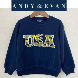 新品 100 ★ コストコ ANDY&EVAN キッズ トレーナー ネイビー USA 裏毛 薄手 スウェット シャツ ビッグワッペン 子供用 ボーイズ ガールズ 