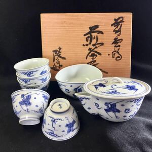 平安　凌泉　造　染付　雲鶴文　煎茶碗　五客　宝瓶　湯冷　煎茶道具　 煎茶器揃　共箱　