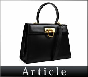 180331◆ Ferragamo フェラガモ ガンチーニ 2WAY ハンドバッグ ショルダーバッグ O21 2181 レザー 革 ブラック レディース/ B