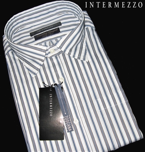 新品ラス1 4L イタリア製生地 定価1.76万 BIGサイズ ▼ INTERMEZZO インターメッツォ lanificio cangioli 長袖シャツ 3XL ストライプ 白 紺