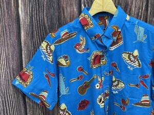 セレクト出品◆LS-0094.XL【THE Mexican/スカイブルー系】総柄シャツ/半袖シャツ/夏/ヴィンテージ/アロハシャツ