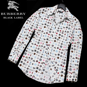 極美品！ 3(L)★激レア！モノグラム マルチ★バーバリーブラックレーベル メンズ 長袖シャツ白■BURBERRY BLACK LABELドレスシャツ