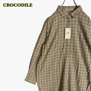 ★未使用　CROCODILE クロコダイル　長袖シャツ　チェックシャツ　チュニック丈　ベージュ系　レディース　Lサイズ　【AY1548】