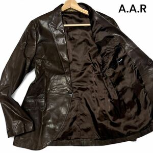 美麗品◎Mサイズ!!ヨウジヤマモト【圧巻の高級感】A.A.R ラム レザー テーラード ジャケット 羊革 本革 ブラウン 光沢感 柔らか◎メンズ