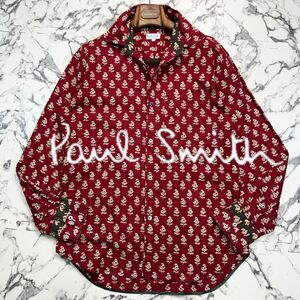 美品/花柄 (XL相当) ●Paul Smith ポールスミス 長袖 カジュアル シャツ 白 赤 ボルドー ワインレッド ドレス 木目 シェルボタン 総柄