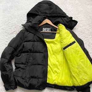 美品/XL相当●DIESEL ディーゼル ダウン ジャケット ライダース コート 軽量 肉厚 ブラック アウター 秋冬 黒 フード 2way ロゴプリント 