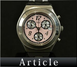 177473□動作確認済 Swatch スウォッチ 腕時計 クォーツ クロノグラフ デイト スモセコ ラウンド ピンク シルバー レディース/ D