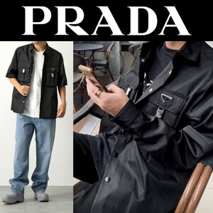 定価30万円 プラダ Re-Nylon リナイロン 半袖シャツ xs ロゴプレート ブラック カーゴポケット PRADA 黒 ジャケット 44 37 38 バッグ