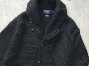 Polo by ラルフローレン ショールカラー 肉厚 ウールニットカーディガン M メンズ アクティ21 セーター カウチンジャケット ポニー刺繍 黒