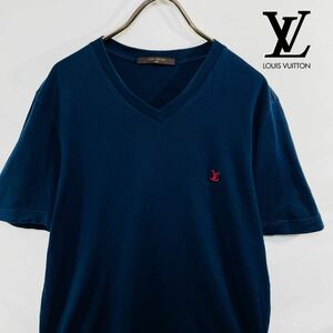【極上のTシャツ】 Louis Vuitton ルイヴィトン Vネック Tシャツ 刺繍ロゴ 極美品 イタリア製 S ネイビー 紺 ワンポイントロゴ 半袖 