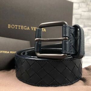 【付属品完備/美品】Bottega Veneta ボッテガヴェネタ ベルト イントレチャート 編み込み レザー ネイビー 紺 ビジネス メンズ 90サイズ