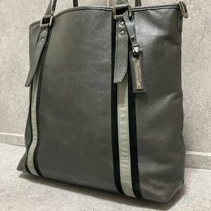 希少品 BURBERRY BLACK LABEL バーバリーブラックレーベル トートバッグ ビジネス レザー 本革 A4可 肩掛け ストライプ プレート グレー