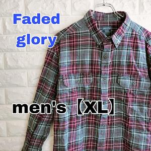 C607【Faded glory】長袖ネルシャツ【メンズXL】グレー×レッド