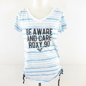 ロキシー ROXY カットソー ボーダー 半袖 プリント 白 青 S *A50 レディース