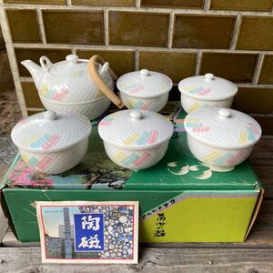 備前 有田焼　西峰作　急須　蓋付湯のみ5客　番茶器揃　茶器セット　パステルライン　未使用　和食器