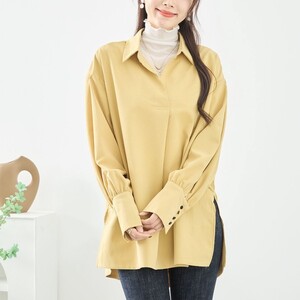 新品☆L〜LL 大きいサイズ スキッパー チュニック Vネック シャツ ブラウス レディース 長袖 きれいめ 春 40代 50代/カラシ/11954887