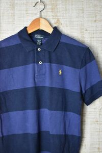 ☆US古着 POLO Ralph Lauren ラルフローレン ポロシャツ ボーダー ポニーロゴ ネイビー紺×紫 BOYS【L(14-16)】鹿の子　　　　　◆2343◆