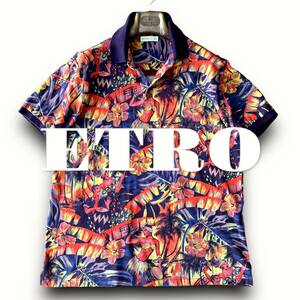 D15 美品 極上ハワイアンデザイン！定価7万 Lサイズ『エトロ ETRO』イタリアンコットン 総柄 半袖 ポロシャツ まるでアートのような逸品！