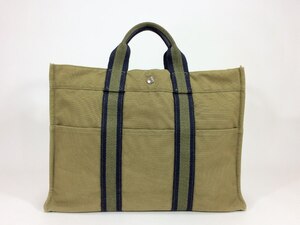 エルメス トートバッグ フールトゥ MM キャンバス カーキ×ネイビー 【人気 美品】 返品保証