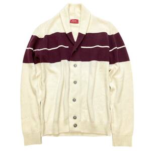 美品 JOHN SMEDLEY カシミヤ混 ウール ショールカラー メタル 銀 ボタン ニット ジャケット ワイドボーダー ライン M相当 ジョンスメドレー