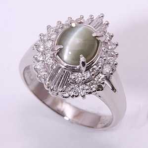 《質屋》Pt900★天然クリソベリルキャッツアイ1.63ct+ダイアリング★C-5345