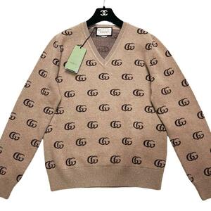 新品/タグ付き/実寸希少XL/カシミヤ/グッチ◎GUCCI ニットセーター GGマーモント ダブルGG ウール 羊毛 ブラウンベージュ Vネック M 