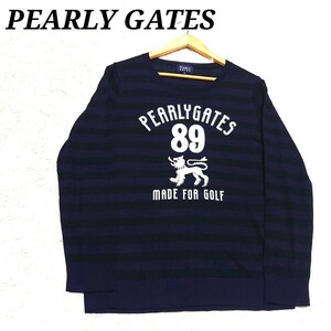 【極美品】希少なサイズ5 PEARLY GATES 薄手ニット フロントロゴ プリント ボーダー パーリーゲイツ サマーニット セーター