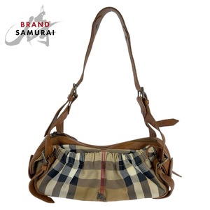 美品 BURBERRY バーバリー プローサム チェック柄 ブラウン ベージュ ガンメタ金具 キャンバス/レザー ショルダーバッグ レディース 410070