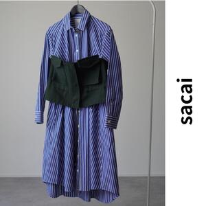 極美品 sacai サカイ シャツワンピース ロング ビスチェドッキング ストライプ フレア コットン 長袖 メッシュ裏地あり 19AW ブルー 2