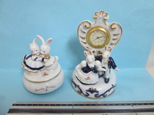 うさぎ 陶器　オルゴール（三共リトルワールド）＋時計付きオルゴール（曲花のワルツテストOK）　２台で