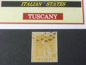 24　M　№24　イタリア切手 TUSCANY　1857-59年　SC#11　1s　透かし有　使用済　【近年版SC評価 $6,200】　※説明欄必読