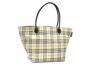 1円 BURBERRY バーバリーブルーレーベル ノバチェック ナイロンキャンバス ショルダー トートバッグ ベージュ系×ブラック系 BI5784