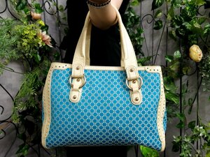 ●美品●CELINE セリーヌ●マカダム総柄●ナイロン カーフ レザー 本革●トート バッグ●ライトブルー アイボリー●G金具●A4●Js47401