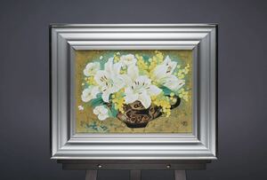 真作 鍵谷節子「ギリシャ壺の花」日本画 P8号(45.5cmx33.3cm) サイン・共シールあり 池田遥邨に師事 美術市場掲載実力女流画家 日展特選