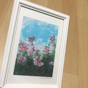 ハンドメイド　オイルパステルアート　絵画　原画　フレーム　額付き　　お花　三日月